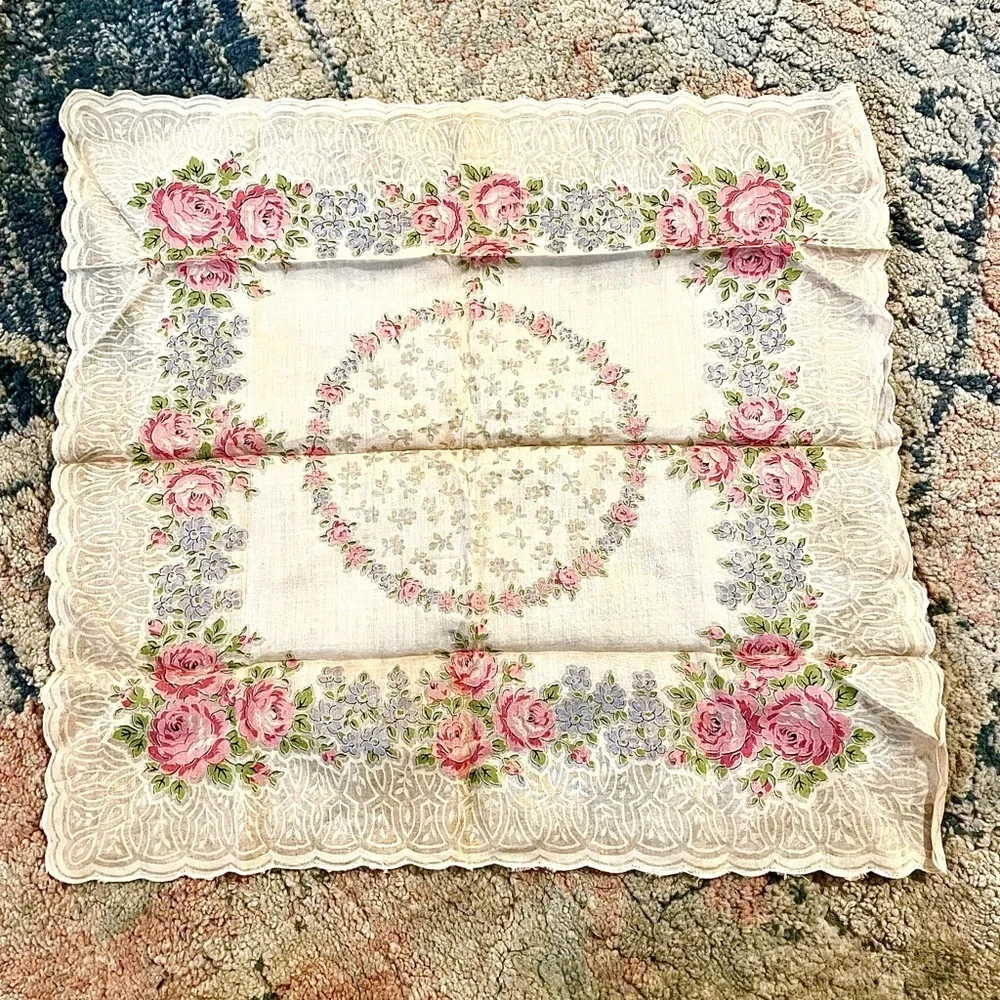 Vintage Franshaw Pink Rose Floral Handkerchief Cotton Batiste Collectible Hanky